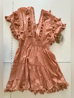 NWT Small Z&L Europe Blush Pink Plunge Neck Tassel Mini Dress